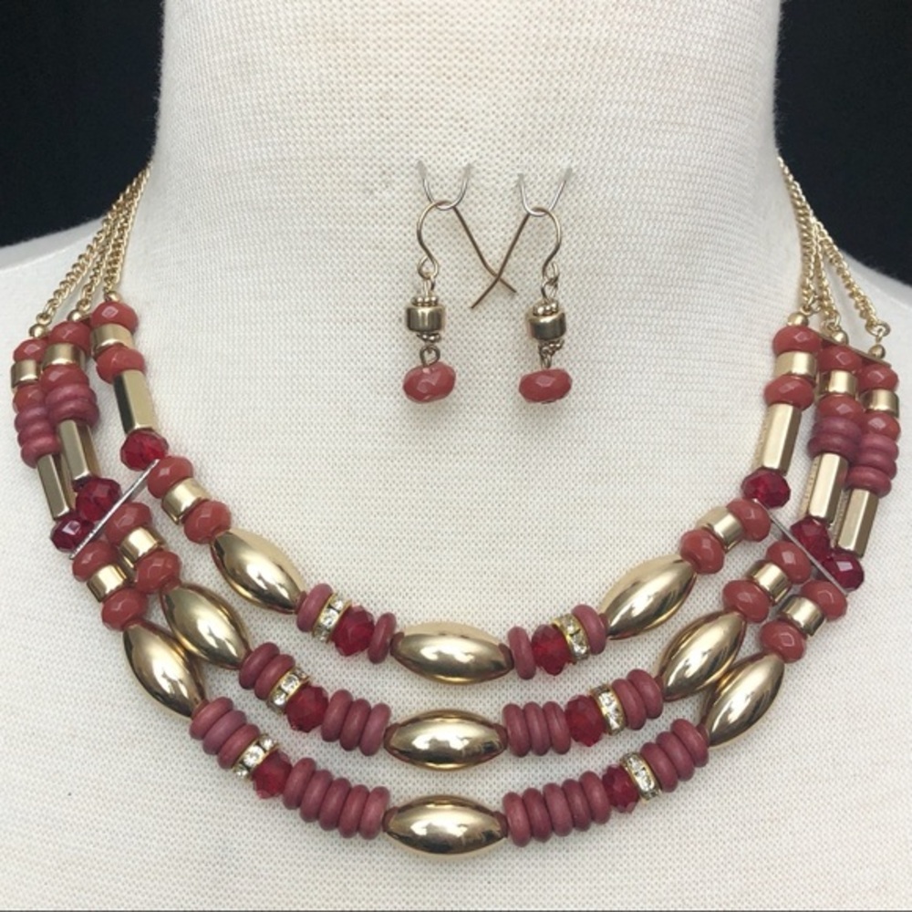 Layered Red & Gold Bead Necklace Earrings Set